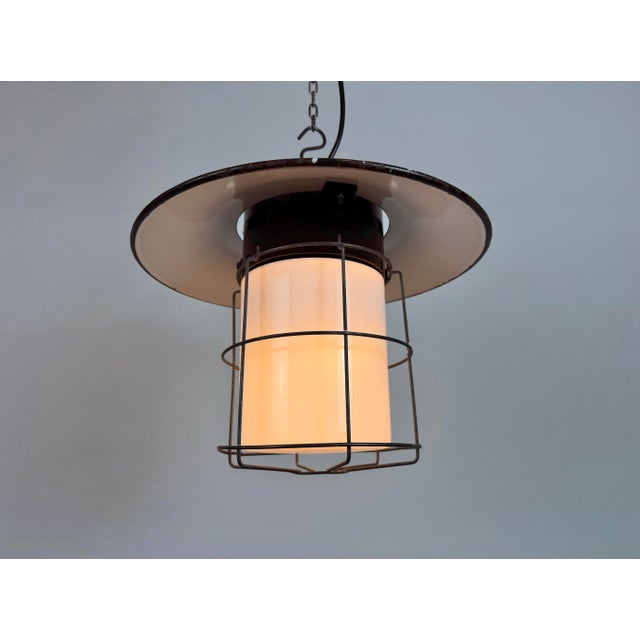 Industrial Grey Enamel, Glass, and Iron Cage Pendant Lamp from Elektrosvit, 1960s For Sale - Image 15 of 16