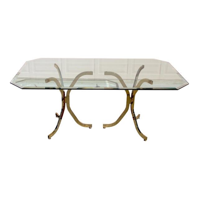 Vintage Mid-Century Modern Brass & Glass Dining Table | Milo Baughman Style, 1980s For Sale