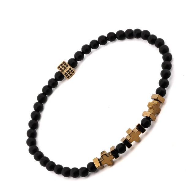 Black Onyx & Gold Hematite Beaded Bracelet For Sale - Image 4 of 5