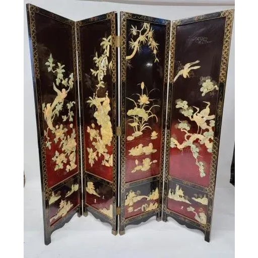 Vintage Chinese Export Four Panel Red & Black Mother of Pearl Coromandel Lacquered Hand Painted Screen Room Divider...