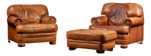 Pair of Vintage Leather Club Chairs With Matching Ottoman by Emerson