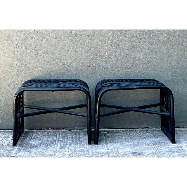 Black Vintage Stick Rattan Waterfall Low Stools - A Pair For Sale - Image 8 of 12