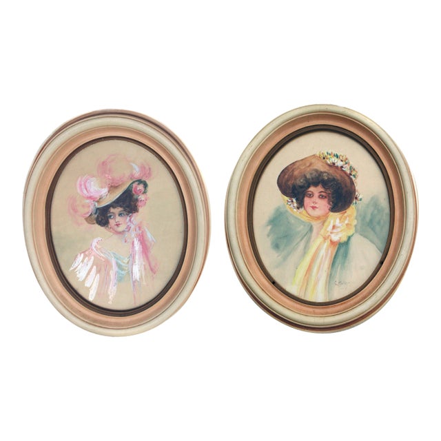 Gibson Girls Watercolor Portraits 1920s Fashion Illustrations- Set of 2, by Charles Hollman For Sale