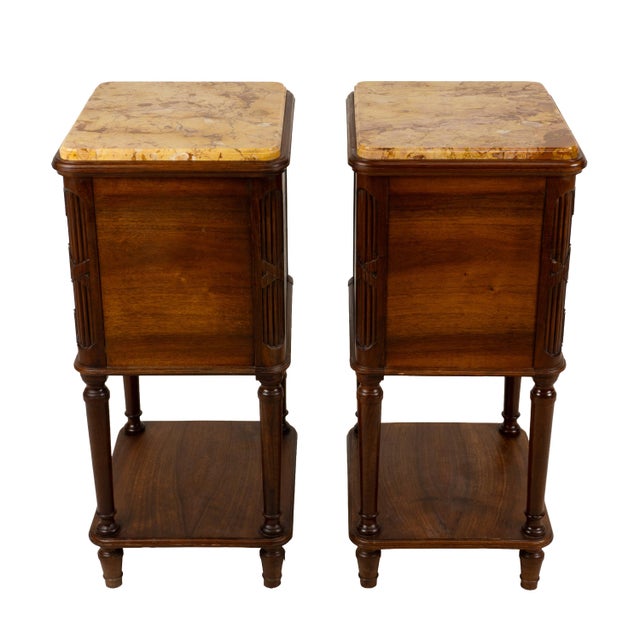Antique French Louis XVI Style Marble Top Ceramic Lined Nightstands - A Pair For Sale - Image 17 of 18