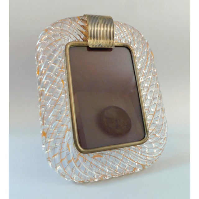 Vintage photo frame with hand blown clear Murano "Torciglione" glass border and orange filament ribbon / Made in Italy...