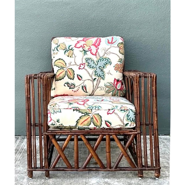Vintage Stick Rattan Lounge Chair in Vintage Schumacher Paisley For Sale In West Palm - Image 6 of 12