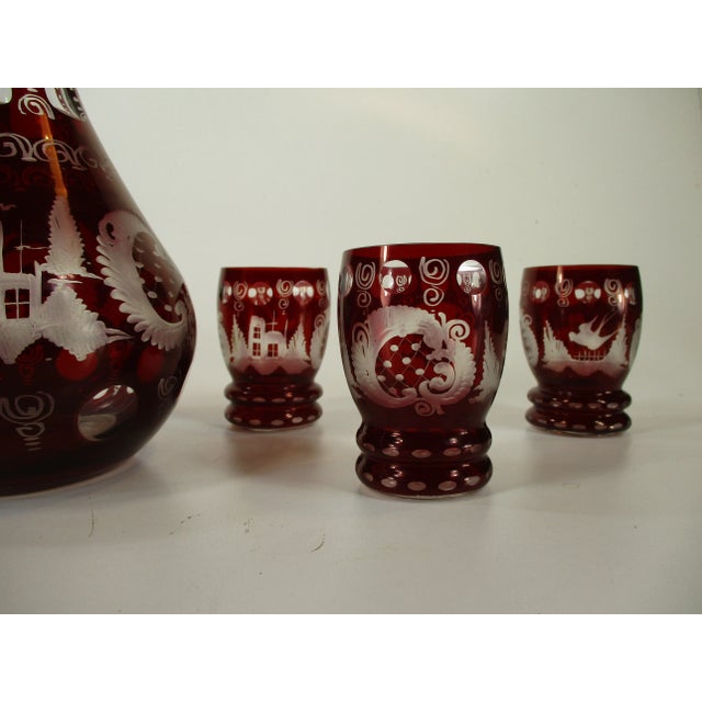 Early 20th Century Early 20th Century Bohemian Decanter 6 Liquor Tumblers Red Glass Hand Wheel Engraved Czech For Sale - Image 5 of 11