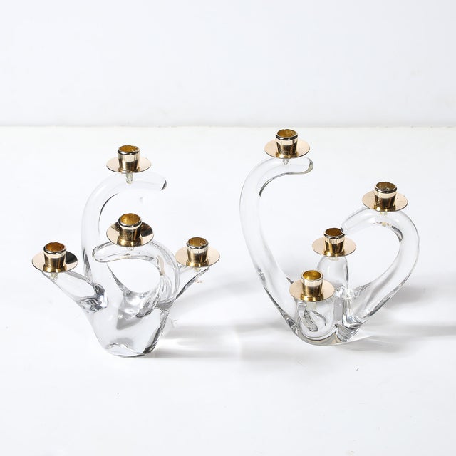 Metal Pair of Mid-Century Amorphic Crystal & Brass 4 Arm Candelabras Signed Schneider For Sale - Image 7 of 15