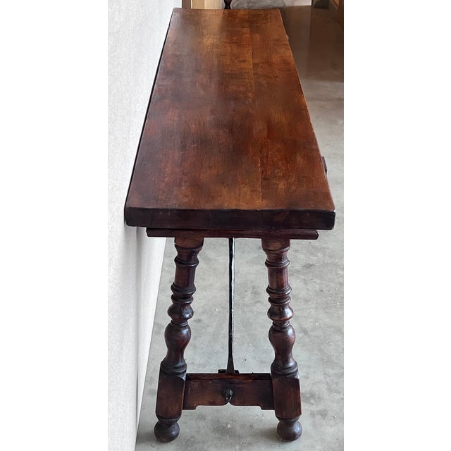 19th Spanish Console Table With Two Carved Drawers and Original Hardware For Sale - Image 4 of 11