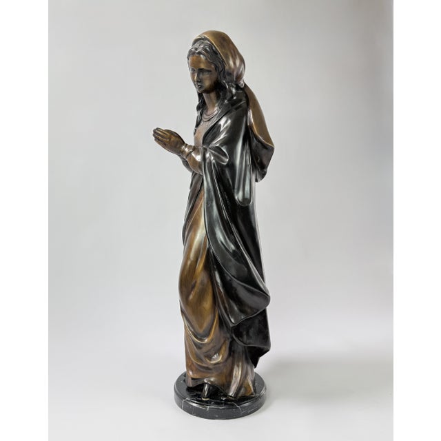 Late 20th Century Bronze Virgin Mary Statue on Marble Base – Renaissance Religious Sculpture For Sale - Image 4 of 10