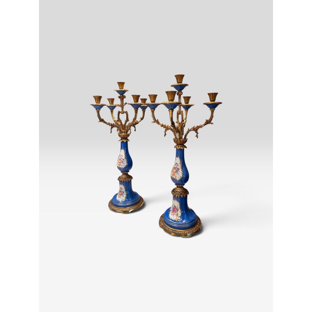 Mid 20th Century Pair of Vintage French Hand-Painted Cobalt Blue Porcelain & Gilt Metal Five-Light Candelabra For Sale - Image 5 of 10