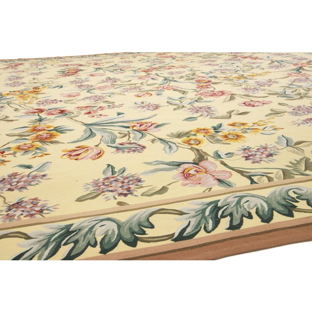 Textile 1990s Handcrafted French Aubusson Wool Rug in Pale Yellow With Floral Design For Sale - Image 7 of 12