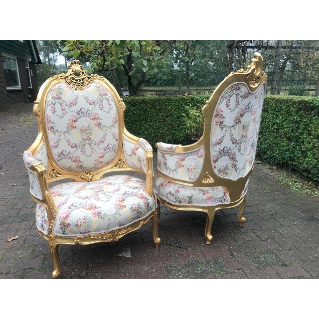 Late 20c French Louis XVI Gilt Beech Damask Bergère – 2 PCS For Sale - Image 10 of 12