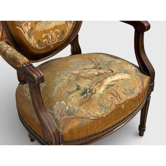 Louis XVI Style, Four Armchairs, Tapestry, Walnut, France, 20th C. For Sale - Image 10 of 14