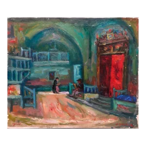 Mid 20th Century Jacques Zucker Synagogue Interior Scene Fauvist Oil Painting