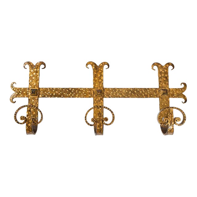 1960s Spanish Brutalist Ferro Art Gilt Wrought Iron Wall-Mounted Coat Rack For Sale