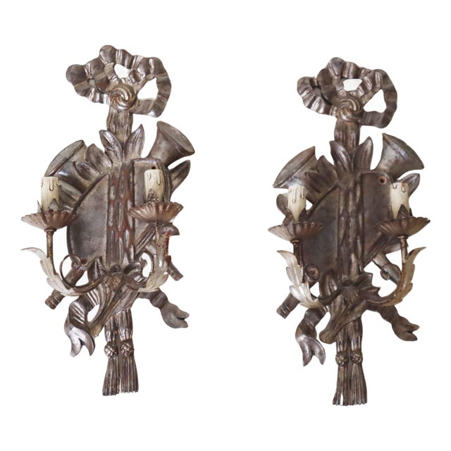 Louis XIV Silver and Wood Wall Lights, Set of 2 For Sale