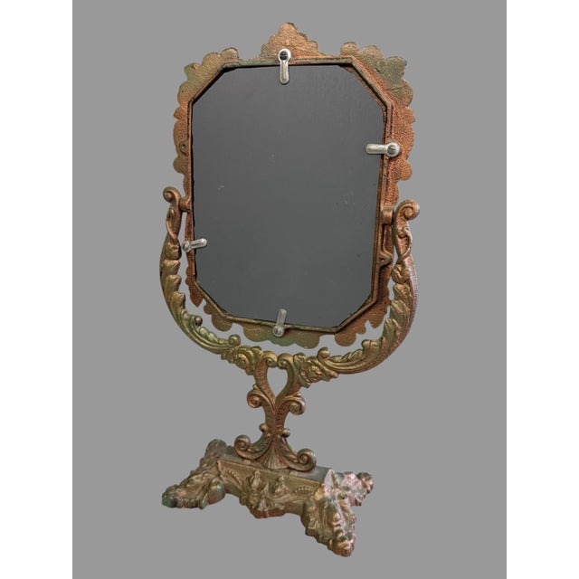 Ornate Vintage Antique Cast Metal Gold Painted Standing 16.25" Vanity Mirror For Sale - Image 10 of 10