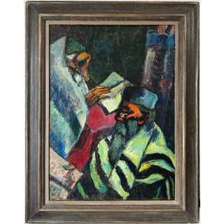 Abram Tromka, Rare Large Judaica Oil Painting Jewish 2 Rabbis Painting Abram Tromka WPA Artist, c.1930's-1950's For Sale