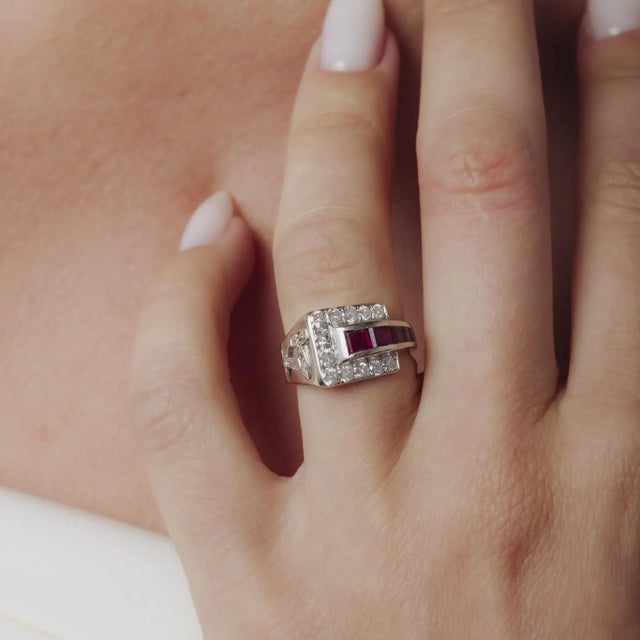 Mid Century Ruby Diamond 18k White Gold Ring, Size 5 For Sale In Los Angeles - Image 6 of 7