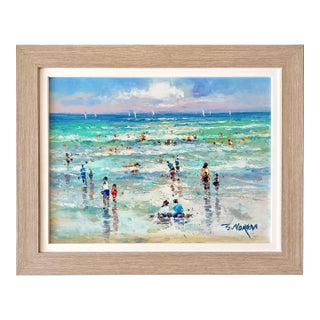 Beach Day Along the Shore, Original Framed Oil Painting on Canvas, by J. Morgan For Sale