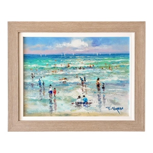 Beach Day Along the Shore, Original Framed Oil Painting on Canvas, by J. Morgan