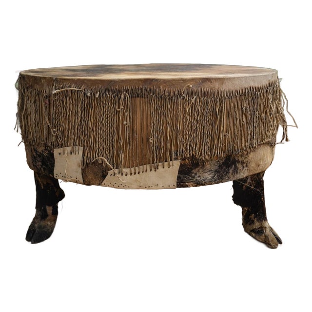 Vintage African Ceremonial Drum Coffee Table With Rawhide & Hoof Legs For Sale