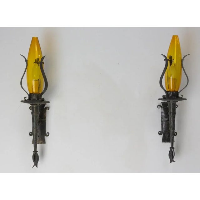Amber Glass & Wrought Iron Outdoor Sconces, France, 1960, Set of 2 For Sale - Image 4 of 9