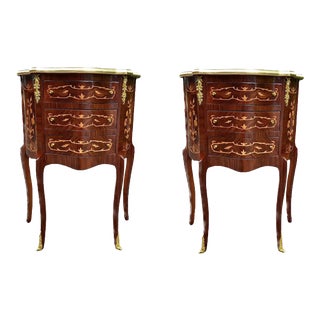 Late 20th Century French Louis XVI Mahogany Nightstands with Bronze and Inlay Wood - a Pair For Sale