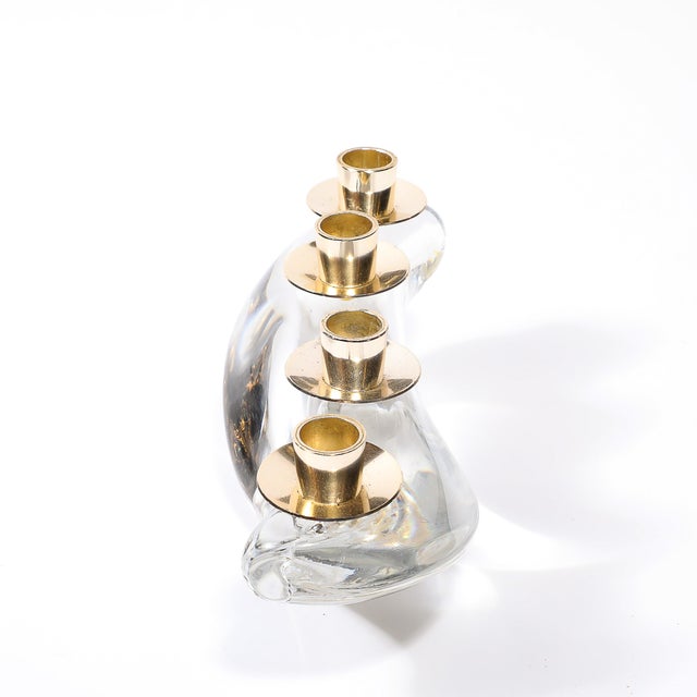 Schneider Glass Mid-Century Amorphic Candelabra in Crystal and Brass Signed Schneider For Sale - Image 4 of 11