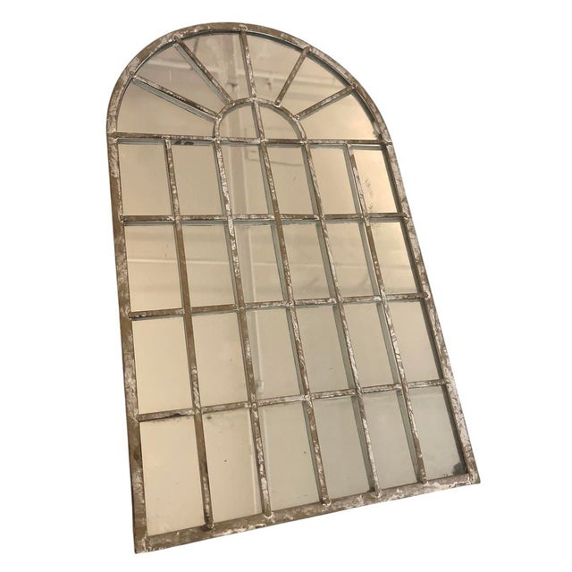 2000 - 2009 Vintage Arched Iron Windowpane Wall Mirror – White-Washed Gray For Sale - Image 5 of 12