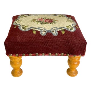 Vintage Burgundy Floral Needlepoint Footstool With Turned Pine Legs For Sale