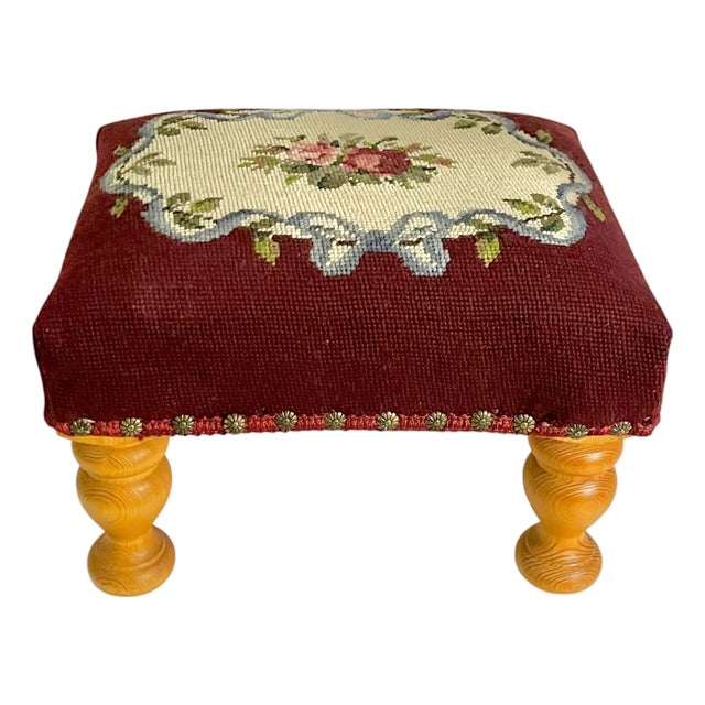 Vintage Burgundy Floral Needlepoint Footstool With Turned Pine Legs For Sale