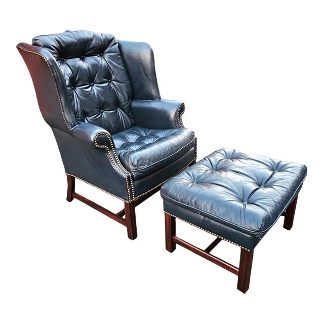 Vintage Blue Tufted Leather Wing Chair and Ottoman by Classic Leather For Sale