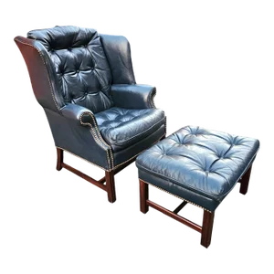 Vintage Blue Tufted Leather Wing Chair and Ottoman by Classic Leather