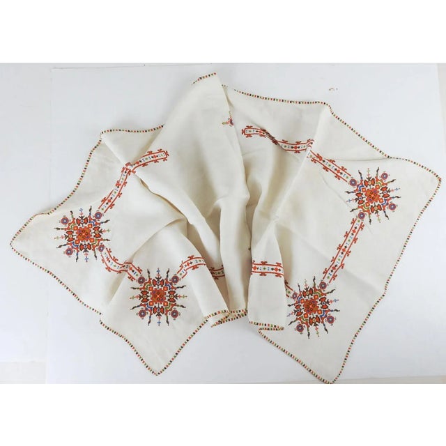 Vintage embroidered cotton runner with 6 napkins. Hand embroidered cross stitch ethinic folk pattern and edging in orange,...