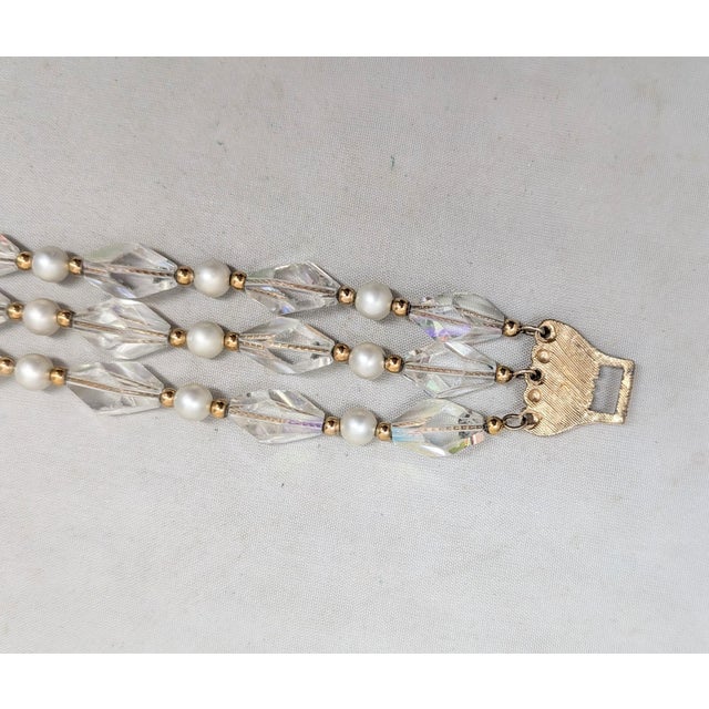 Napier Vintage 1960s Signed Napier 3-Strand Faux-Pearl & Aurora Borealis Beaded Bracelet For Sale - Image 4 of 7