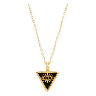 Black Onyx & Gold Triangle Pendant Evil Eye Talisman Necklace For Sale