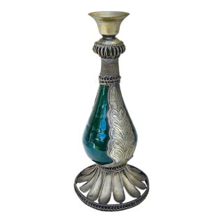 Mid 20th Century Moroccan Green Ceramic Candleholder With Engravings For Sale
