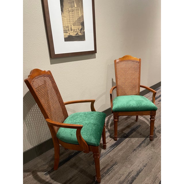 Pair of Mid-Century Transitional Cane Back Armchairs in Everlast Billiard Green Chenille (Thomasville Ceremony Style) - Set of 2 For Sale - Image 11 of 12