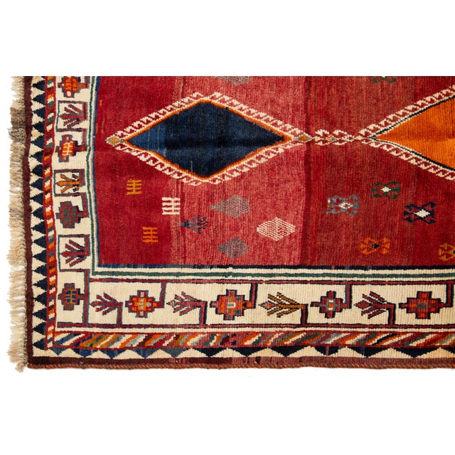 4 X 7 Room Size Persian Shiraz Wool Rug in Red With Tribal Motif For Sale In New York - Image 6 of 8