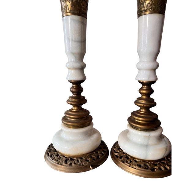 Vintage Hollywood Regency Marble and Brass Table Lamps - a Pair For Sale - Image 4 of 7