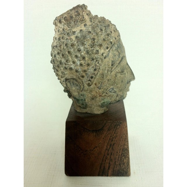 Mid 19th Century Mid 19th Century Bronze Buddha Head on Wood Stand For Sale - Image 5 of 10