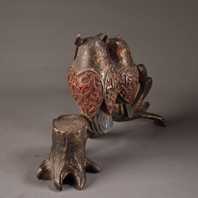 Metal Bronze Figure of Two Owls Perched on a Tree Stump For Sale - Image 7 of 10
