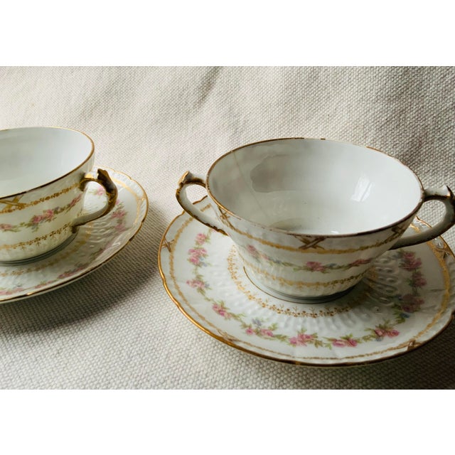 Pair of Antique French Limoges Hand-Painted Soup Bowls With Underliners - Paris Brocante Find For Sale - Image 13 of 15