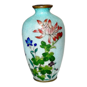 Antique 19th Century Japanese Meiji Miniature Foil Enamel Signed Bronze Vase Urn