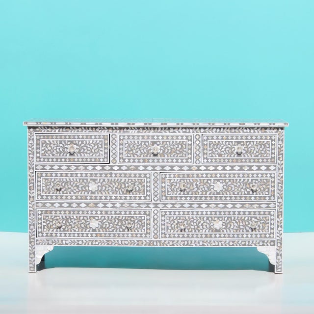 Arabesque Mother of Pearl Inlay Seven Drawer Dresser by House of Jaipur For Sale - Image 4 of 5