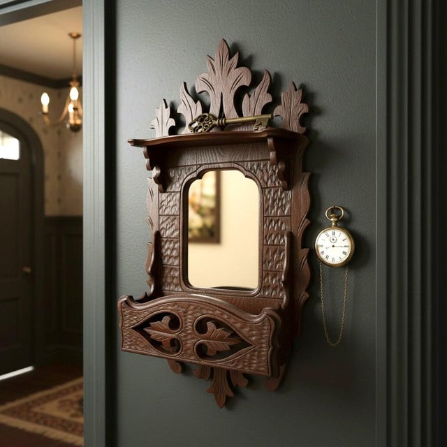 Victorian Antique Victorian Eastlake Wall Mirror Pocket Shelf-Carved Walnut-Gothic Hall For Sale - Image 3 of 11