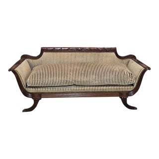 Mid 20th Century Baker Duncan Phyfe Regency Style Mahogany Sofa with Velvet Striped Fabric For Sale
