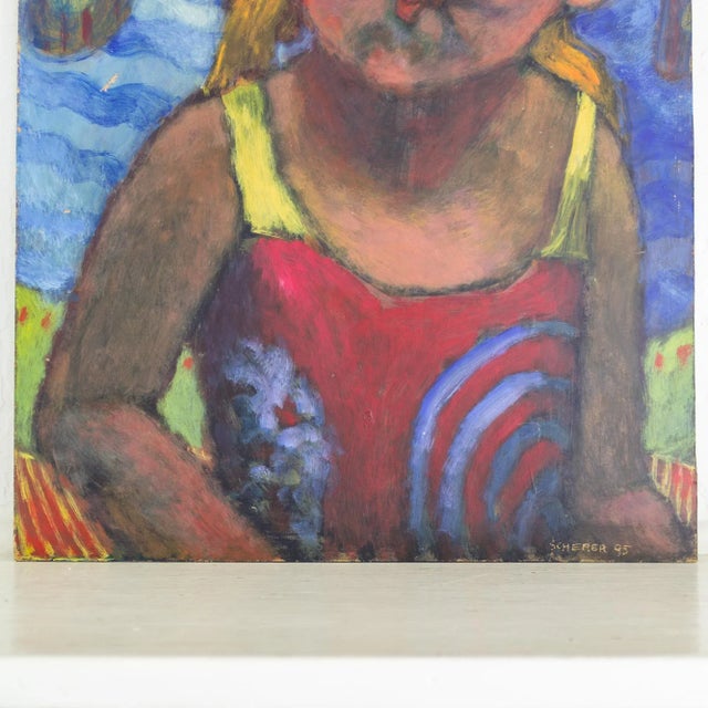 Wood Bright Figurative Portrait Painting of a Girl in Swimsuit by Amy Scherer For Sale - Image 7 of 10